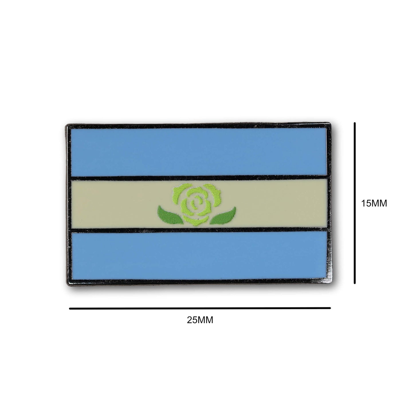 Flag-shaped badge with a rose design, size indicated, on a white background