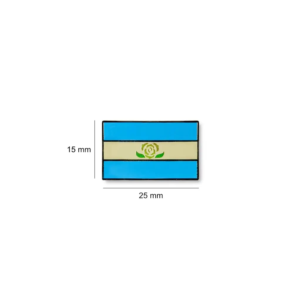 Rectangular Achillean pride lapel pin measuring 25mm by 15mm, featuring horizontal light blue and off-white stripes with a white rose symbol in the centre.