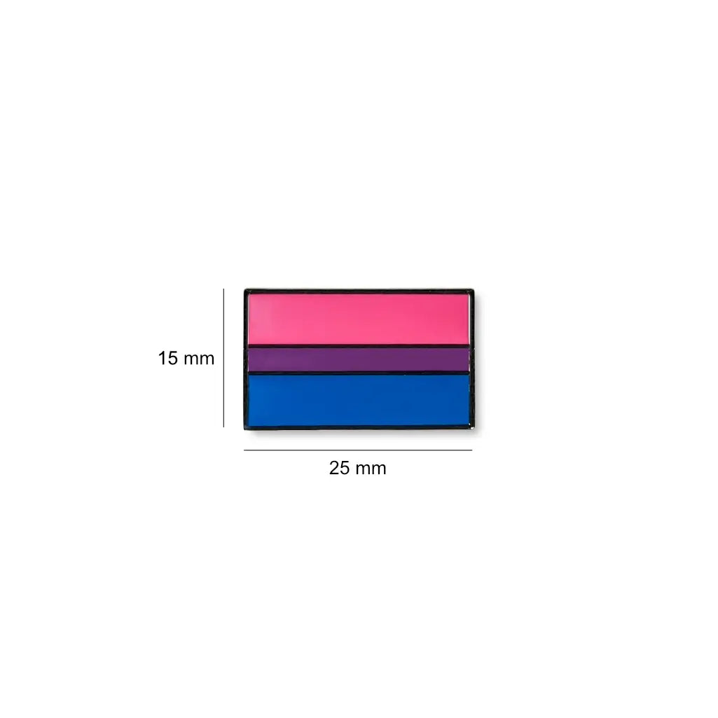 Bisexual flag lapel pin in a clean rectangular shape, featuring vibrant pink, purple, and blue horizontal stripes, measuring 25mm x 15mm.