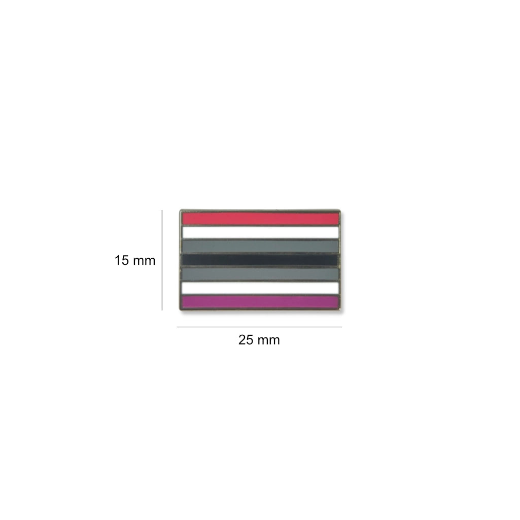 Borderline Personality Disorder flag lapel pin with alternating horizontal stripes of red, white, gray, black, and pink, sized at 25mm by 15mm.
