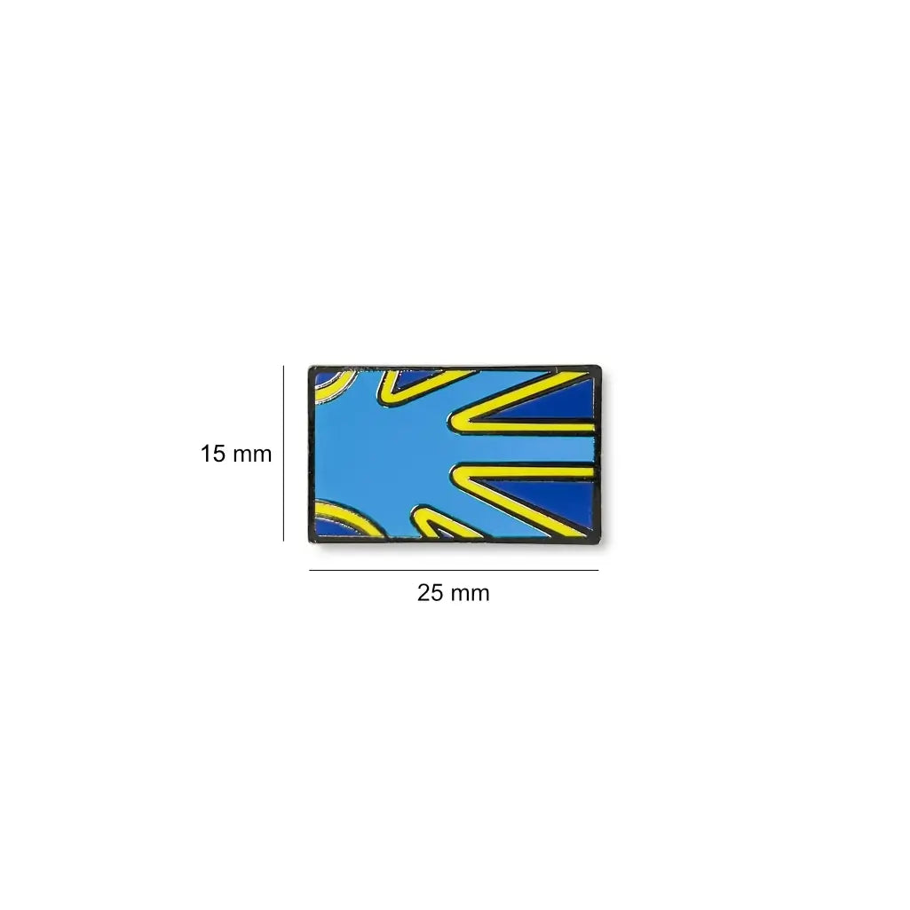 Deaf flag lapel pin measuring 25mm by 15mm, featuring a bright blue enamel background with dynamic yellow and dark blue outlined hand shapes extending from the corne.