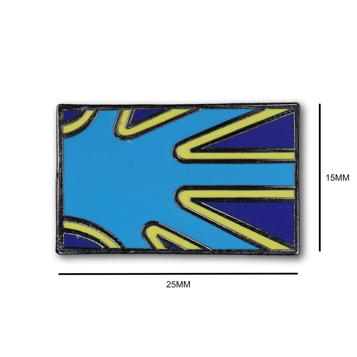 Rectangular badge with blue and yellow design, shown with dimensions on a white background.