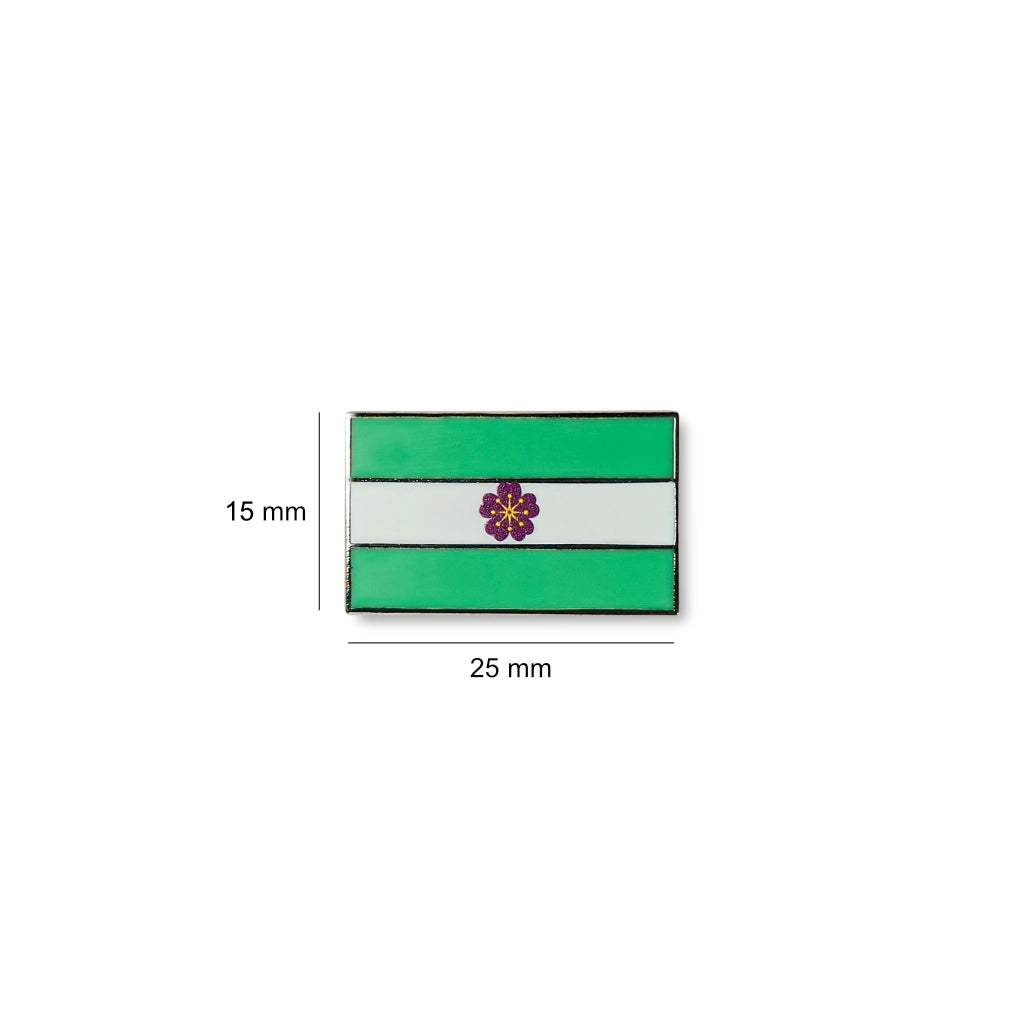 Diamoric lapel pin with a green-white-green striped flag and a central purple flower, displayed with size measurements of 25 mm wide by 15 mm tall.
