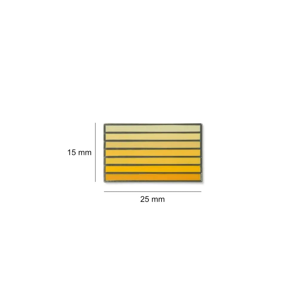 Rectangular endometriosis lapel pin measuring 25mm by 15mm, designed with a gradient of yellow to dark yellow stripes.