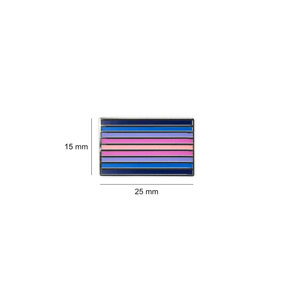 Rectangular Fibromyalgia lapel pin measuring 25mm by 15mm, with alternating horizontal stripes in dark blue, soft pink, and lavender hues.