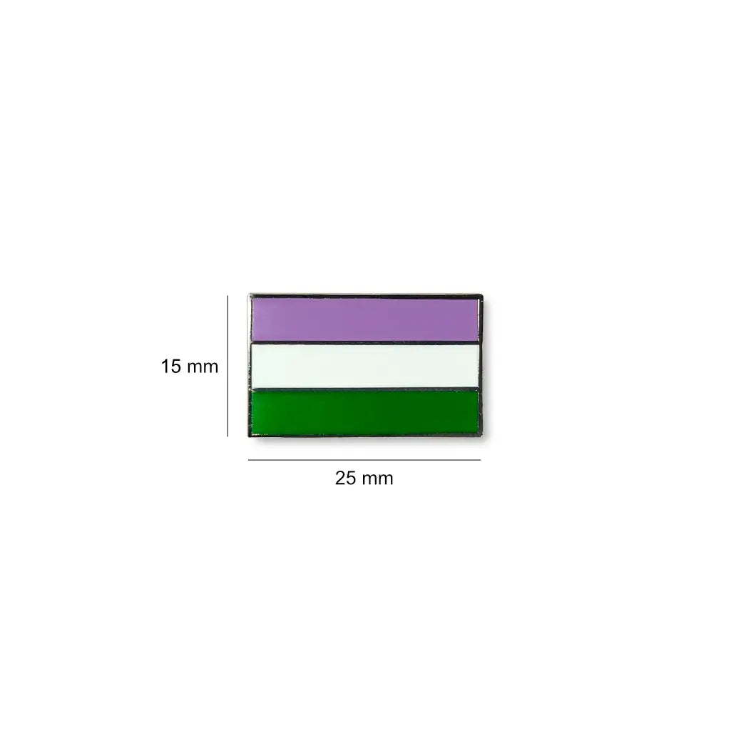 Rectangular Genderqueer lapel pin with lavender, white, and green stripes, shown with size dimensions of 25 mm wide and 15 mm high.
