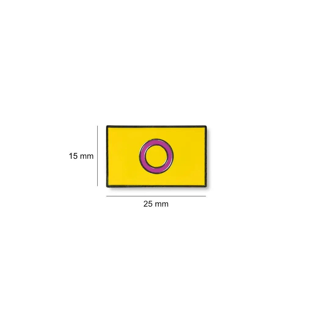 Rectangular Intersex lapel pin featuring a yellow field and central purple circle, with size dimensions of 25 mm wide by 15 mm high.