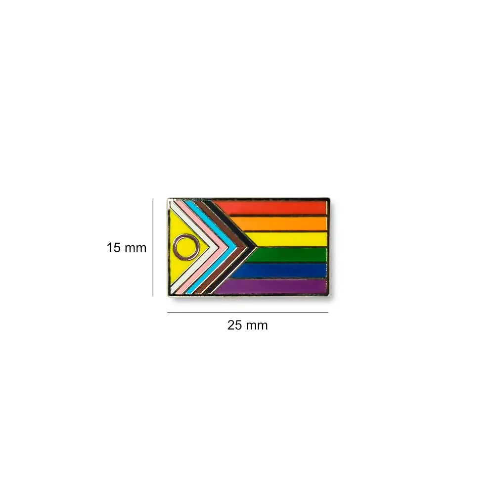 Rectangular Intersex Inclusion lapel pin showing the Progress Pride Flag with inclusive colours and a central chevron, measuring 25 mm wide by 15 mm tall.