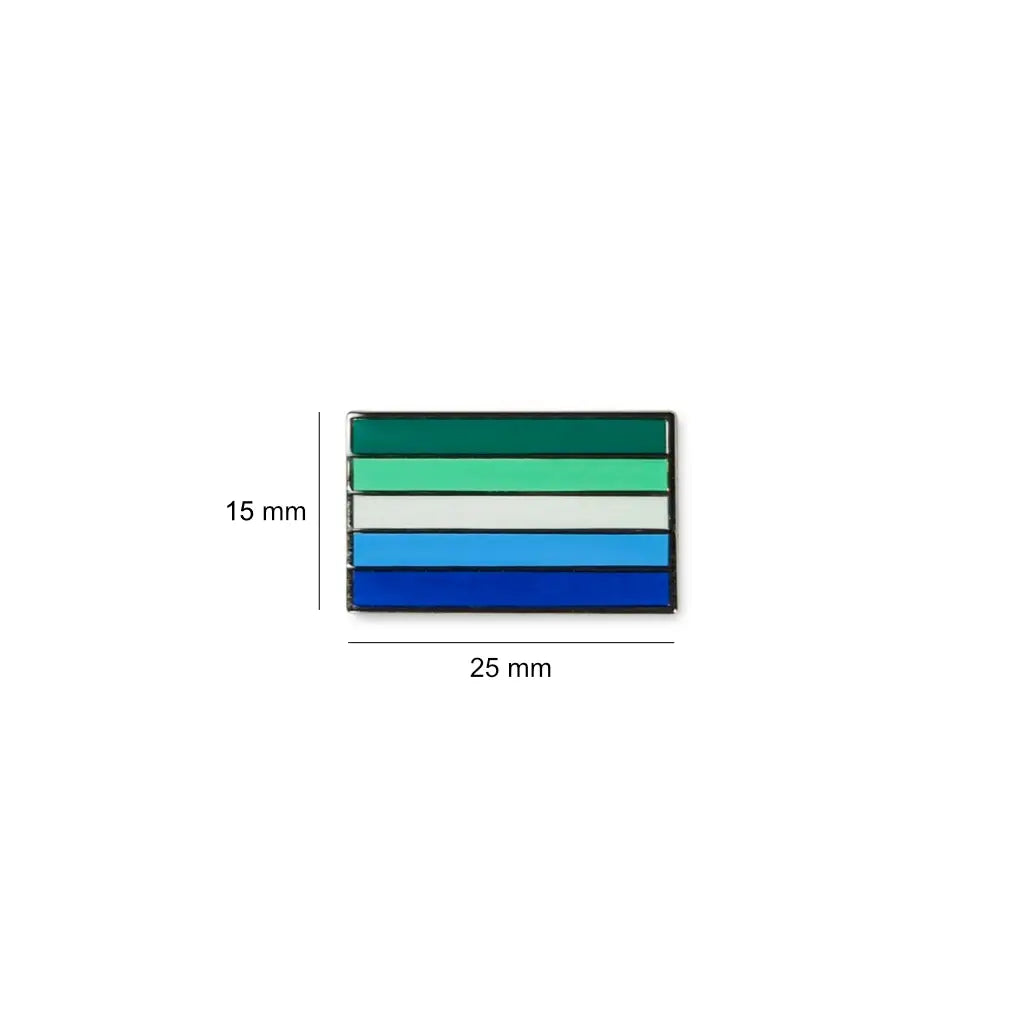Rectangular Men love men lapel pin featuring a green to blue striped flag, with size dimensions of 25 mm wide by 15 mm tall.