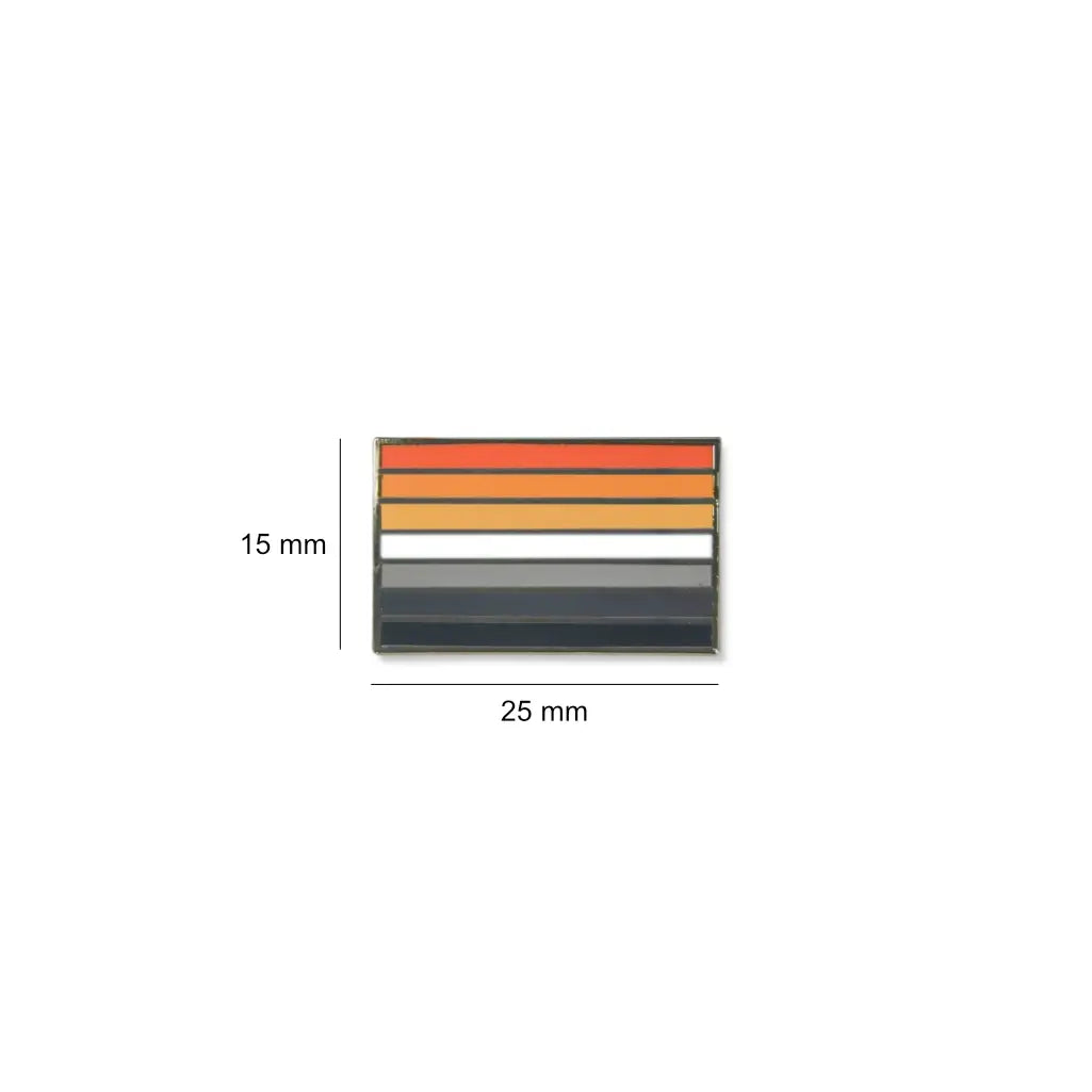 Rectangular Multiple sclerosis lapel pin measuring 25mm by 15mm, with bold layered stripes from bright orange to deep black, symbolising the strength and resilience of those living with multiple sclerosis.