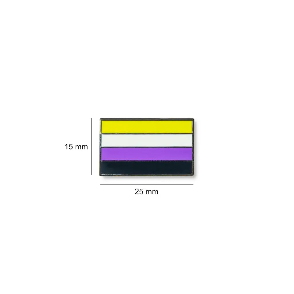 Rectangular Non-binary lapel pin with yellow to black stripes, shown with dimensions of 25 mm wide by 15 mm high.