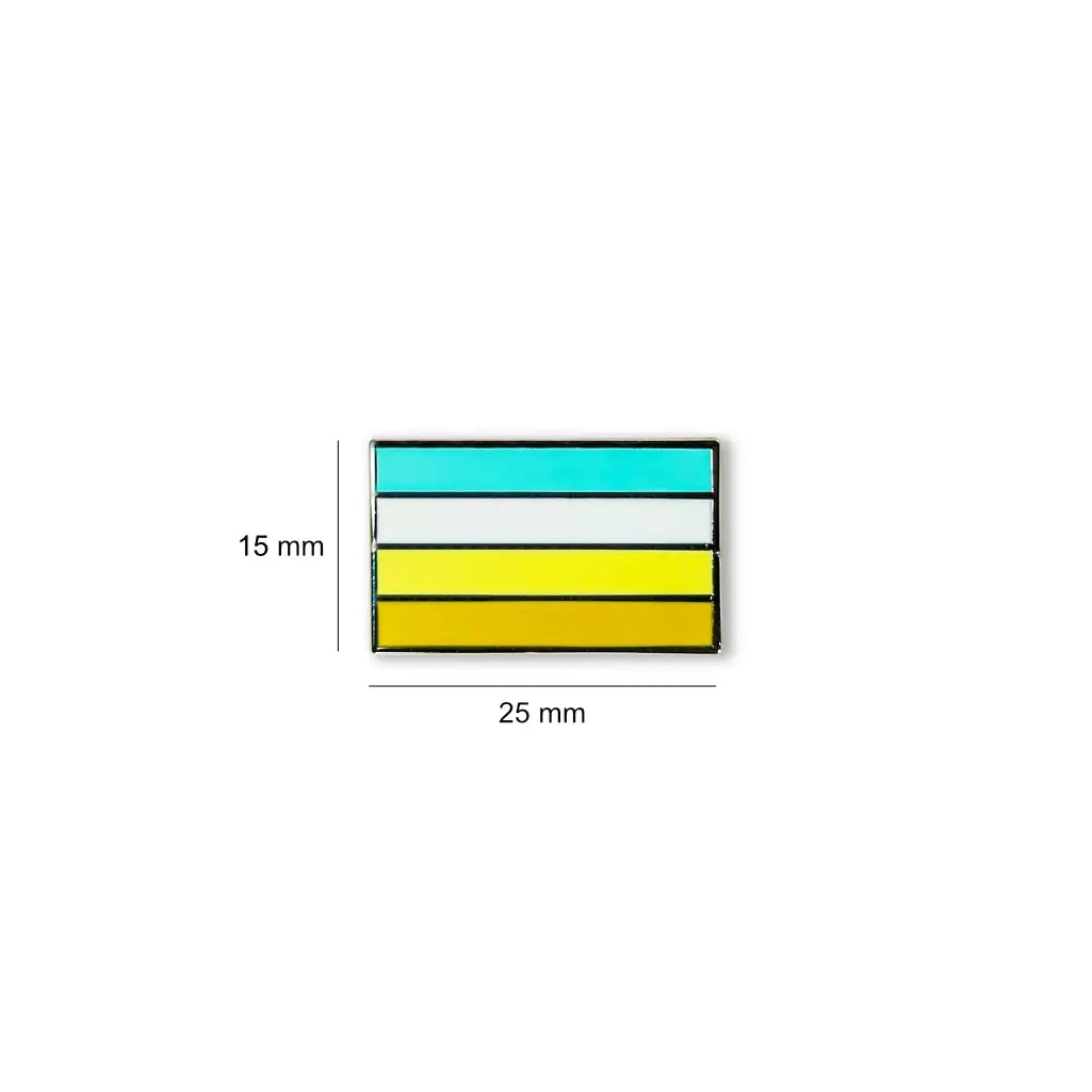 Rectangular OCD flag lapel pin measuring 25 millimeters wide by 15 millimeters tall, featuring four horizontal stripes in teal, white, yellow, and golden brown to represent obsessive compulsive disorder awareness.