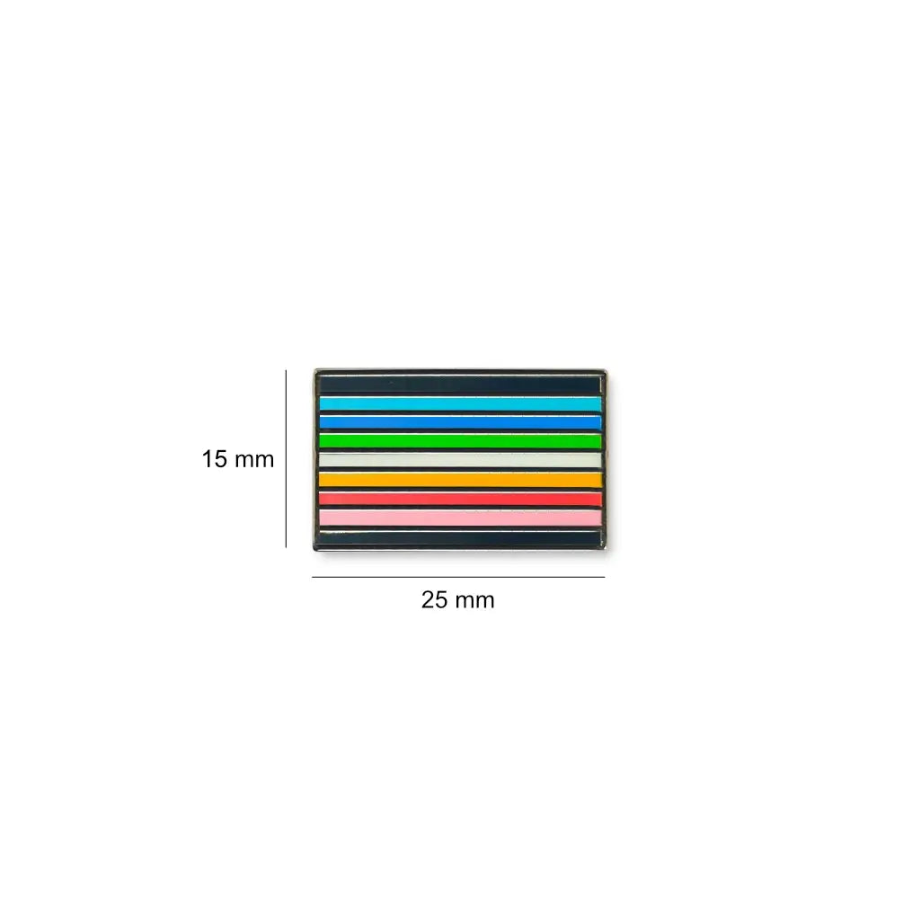 Queer lapel pin featuring horizontal rainbow-toned stripes in blue, green, yellow, orange, red, and pink with black borders.