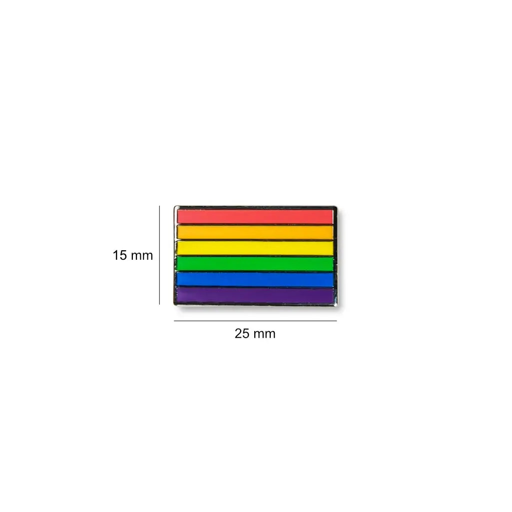 Rectangular Rainbow pride lapel pin with colourful horizontal stripes, displayed with dimensions of 25 mm wide by 15 mm high.