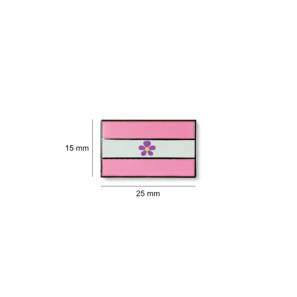 Rectangular Sapphic lapel pin with a flower emblem centred on pink and white stripes, shown with dimensions of 25 mm wide by 15 mm high.