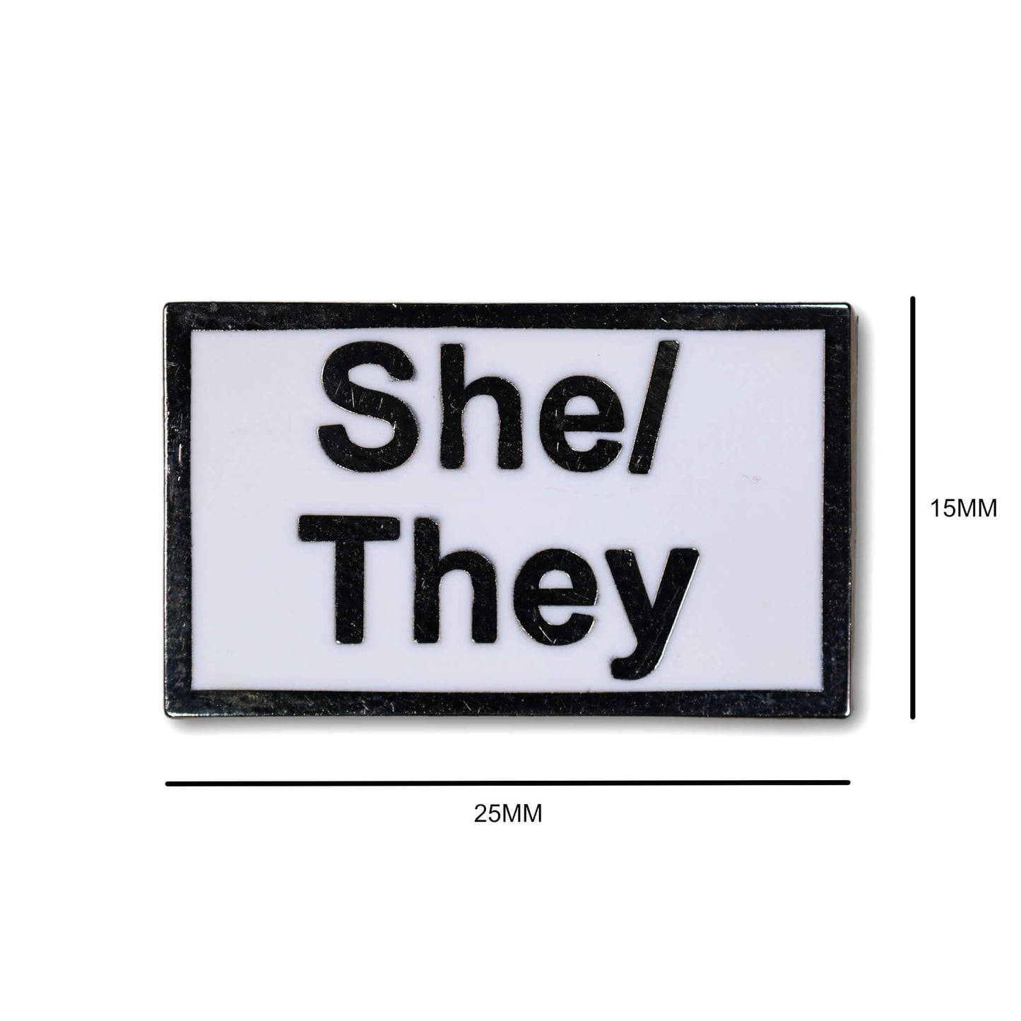 Rectangular patch with 'She/They' text on a white background