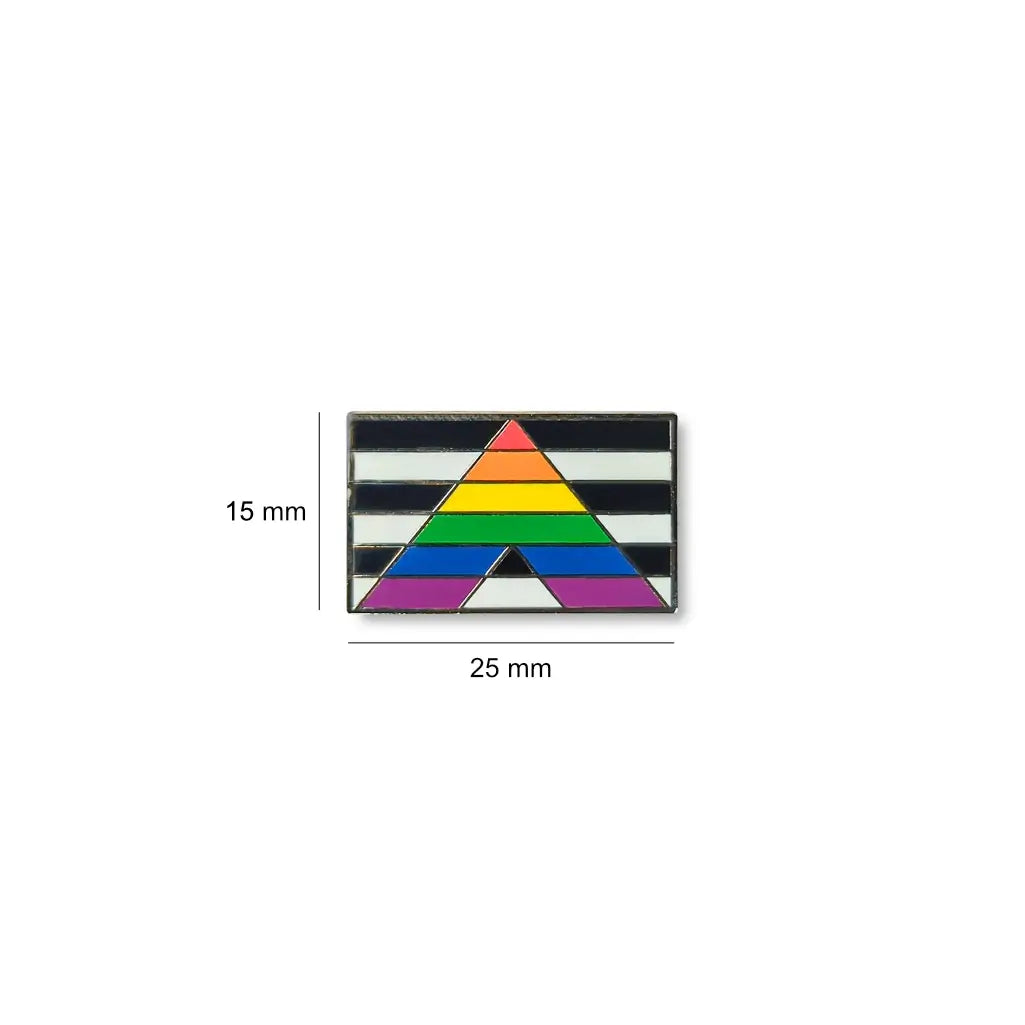 Small straight ally flag lapel pin measuring 25 millimetres wide by 15 millimetres tall, featuring bold black and white stripes with a rainbow triangle ‘A’ design representing support for the LGBTQIA+ community.