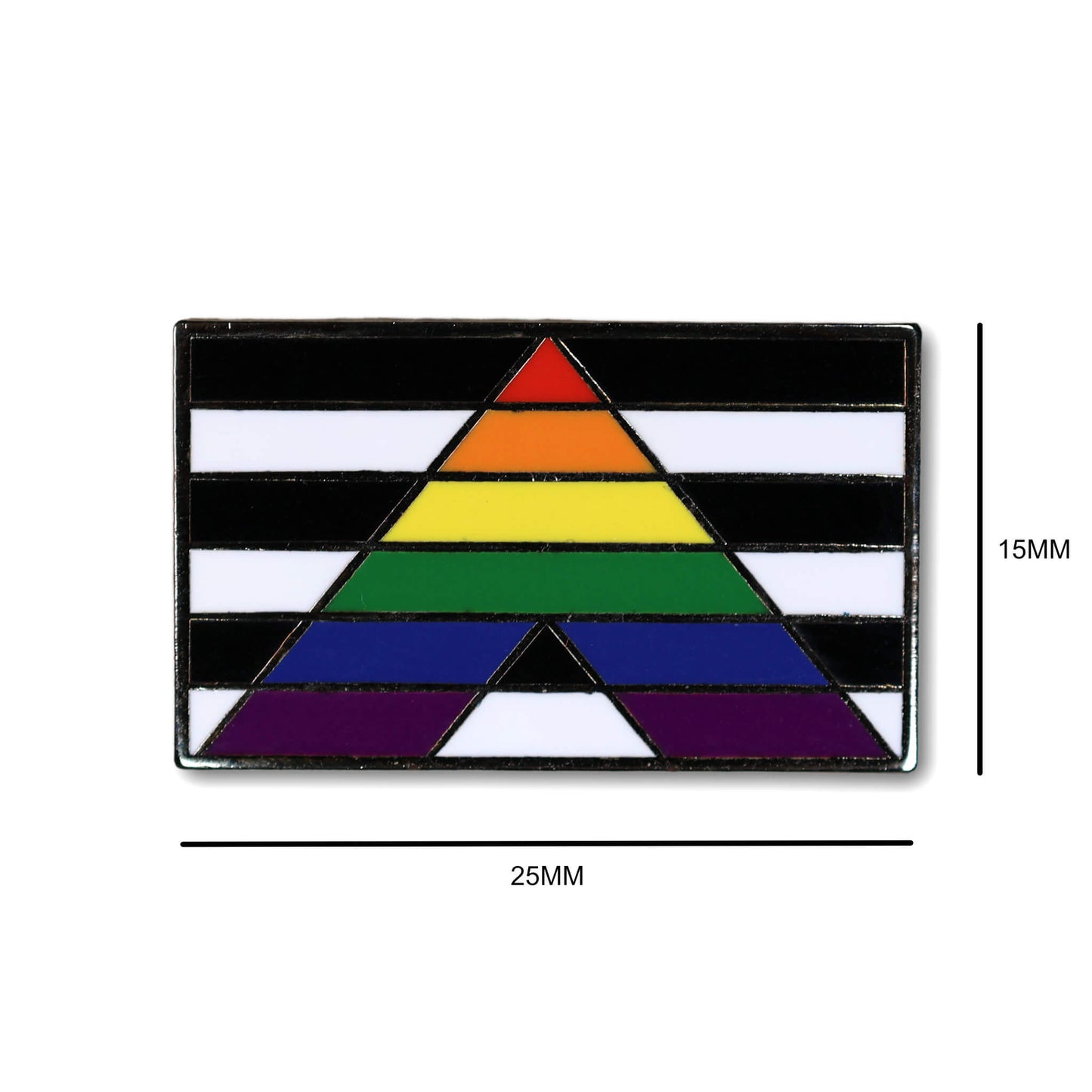 Colorful triangle on a black and white striped background with measurements indicated.