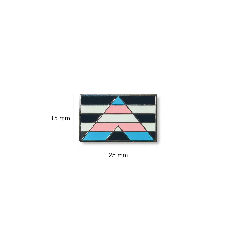 Small rectangular transgender ally lapel pin measuring 25 millimeters wide by 15 millimeters tall, designed with black and white stripes and a colorful chevron in transgender pride flag colors to represent solidarity and support.