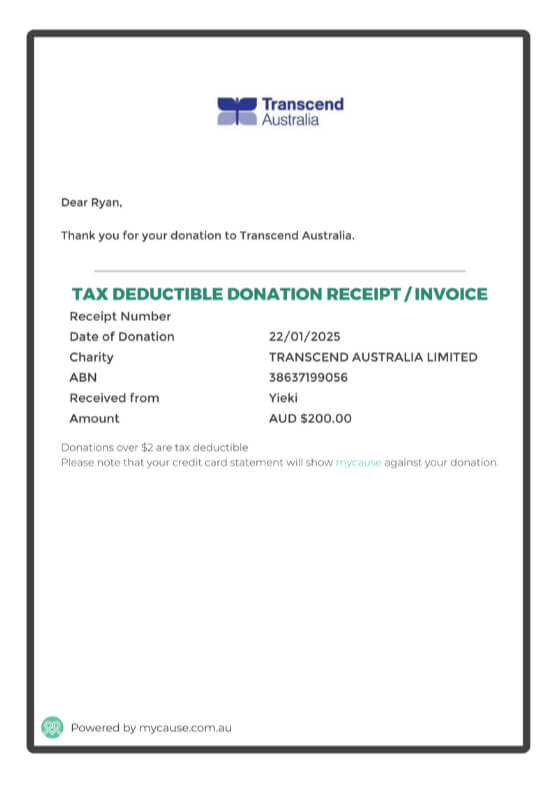 The receipt from Transcend Australia, to whom we donated $200.