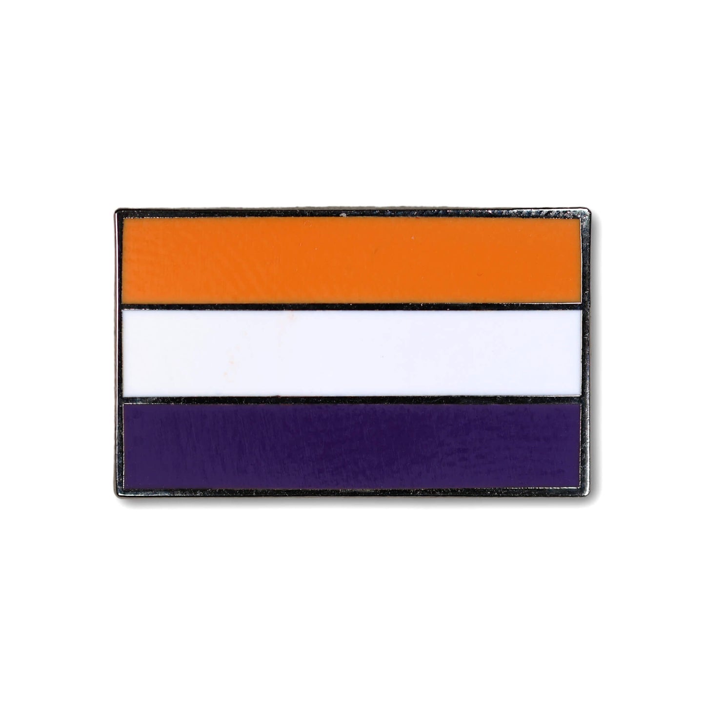 Rectangular patch with horizontal stripes in orange, white, and purple on a white background