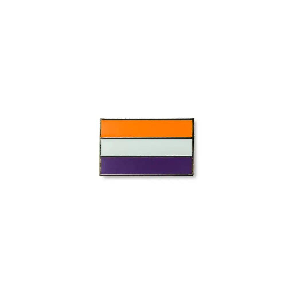 ADHD flag lapel pin with bold horizontal stripes in orange, white, and deep purple.