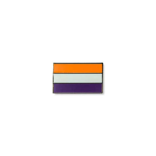 ADHD flag lapel pin with bold horizontal stripes in orange, white, and deep purple.