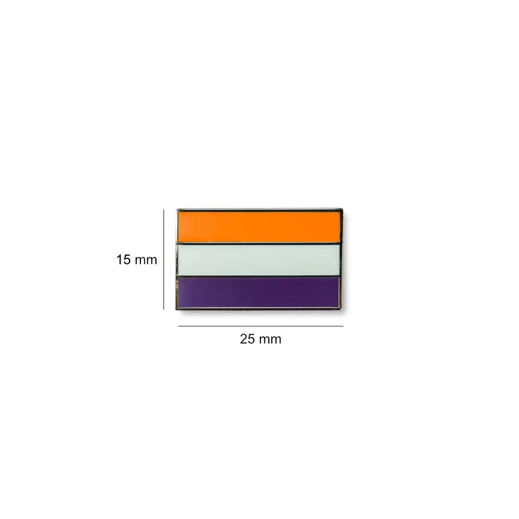 Bright ADHD pride lapel pin, 25mm wide and 15mm tall, with three vivid horizontal stripes in orange, white, and purple.