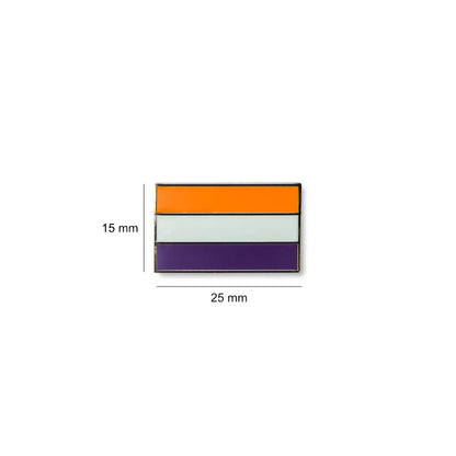 Bright ADHD pride lapel pin, 25mm wide and 15mm tall, with three vivid horizontal stripes in orange, white, and purple.