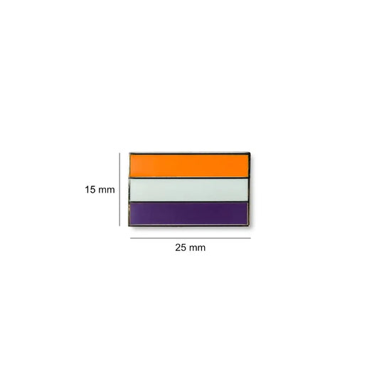 Bright ADHD pride lapel pin, 25mm wide and 15mm tall, with three vivid horizontal stripes in orange, white, and purple.
