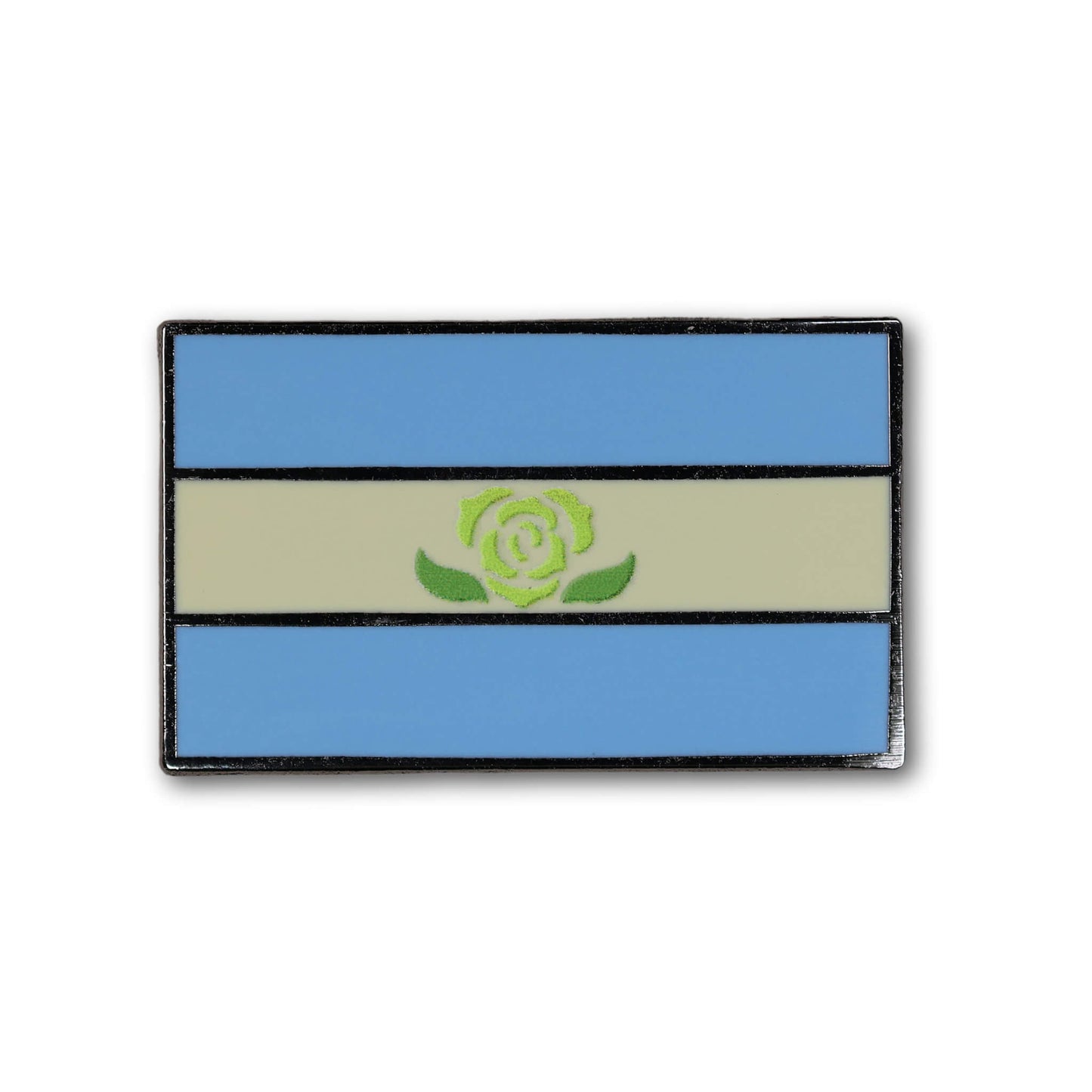 Flag-like design with a rose emblem on a white background