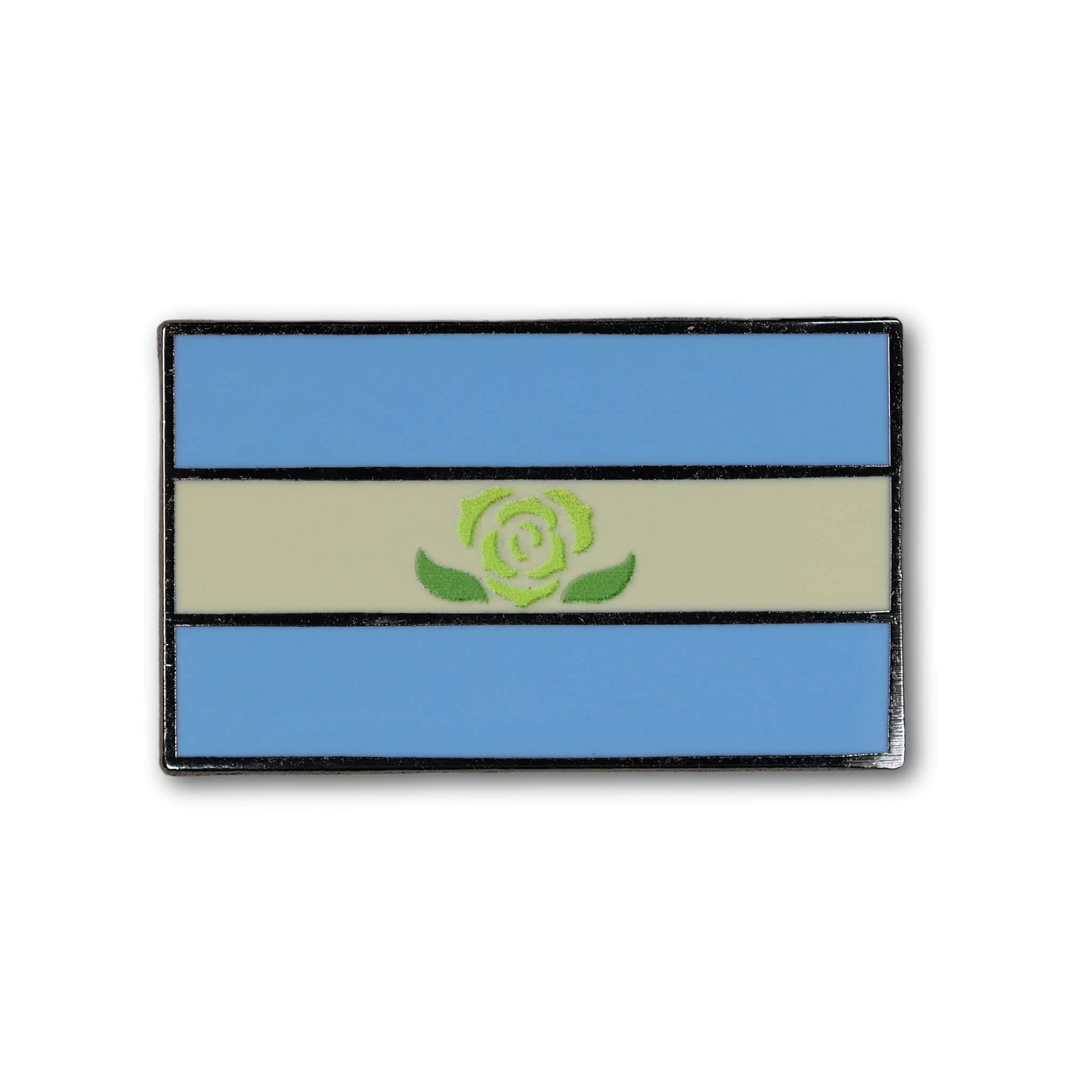 Flag-like design with a rose emblem on a white background