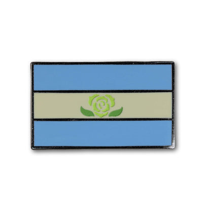 Flag-like design with a rose emblem on a white background