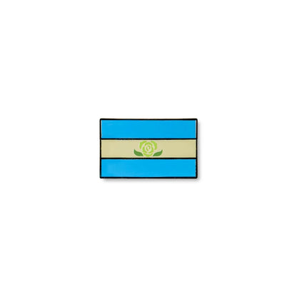 Rectangular Achillean pride lapel pin featuring two sky-blue horizontal stripes with a light yellow band in the centre, adorned with a green rose symbol.