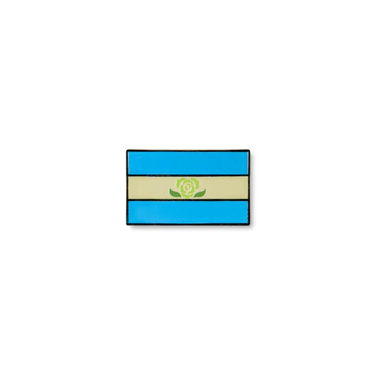 Rectangular Achillean pride lapel pin featuring two sky-blue horizontal stripes with a light yellow band in the centre, adorned with a green rose symbol.