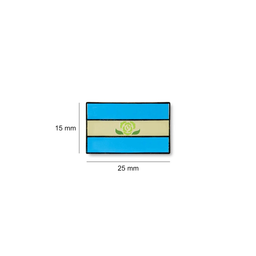 Rectangular Achillean pride lapel pin measuring 25mm by 15mm, featuring horizontal light blue and off-white stripes with a white rose symbol in the centre.