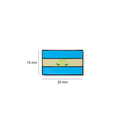 Rectangular Achillean pride lapel pin measuring 25mm by 15mm, featuring horizontal light blue and off-white stripes with a white rose symbol in the centre.