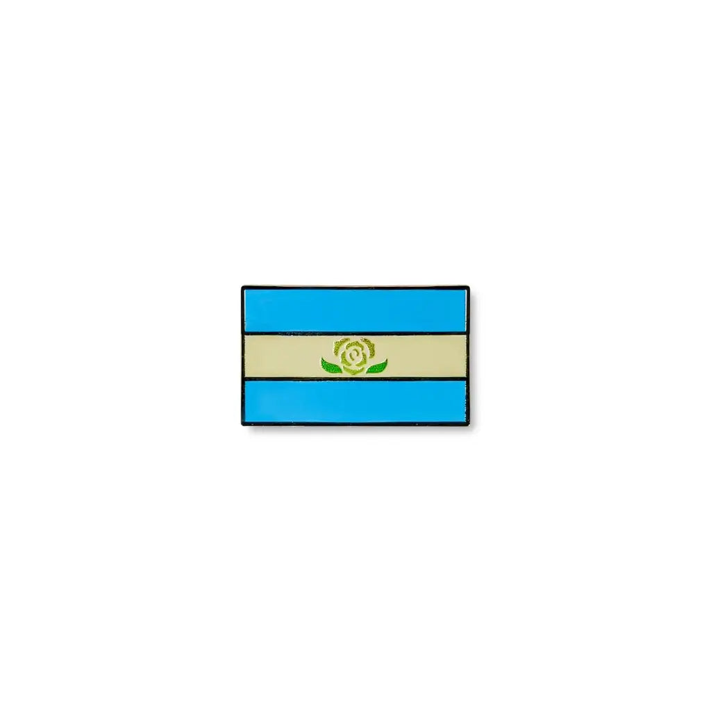 Rectangular Achillean pride lapel pin featuring two sky-blue horizontal stripes with a light yellow band in the centre, adorned with a green rose symbol.
