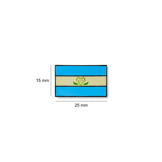 Rectangular Achillean pride lapel pin measuring 25mm by 15mm, featuring horizontal light blue and off-white stripes with a white rose symbol in the centre.