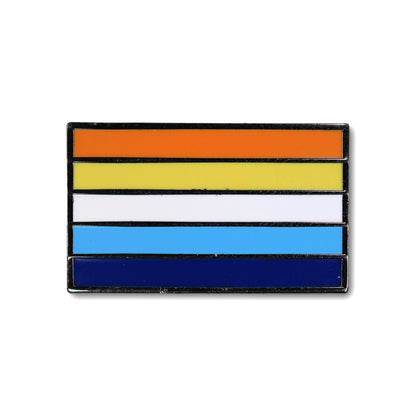 Multicolored striped badge with orange, yellow, white, blue, and navy bars on a white background