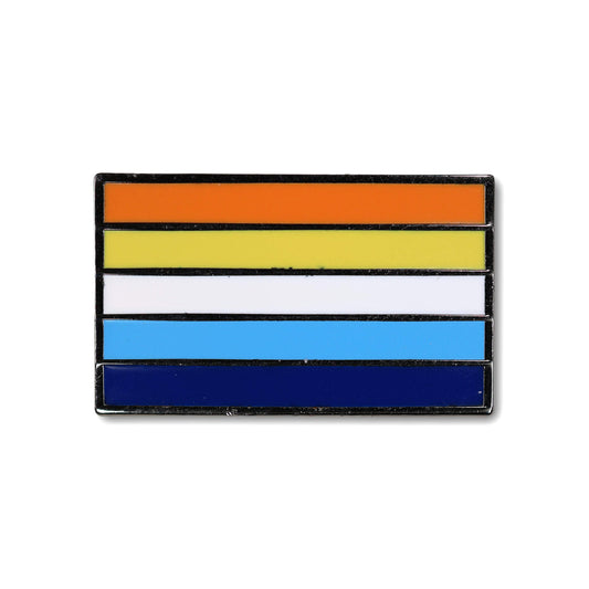 Multicolored striped badge with orange, yellow, white, blue, and navy bars on a white background