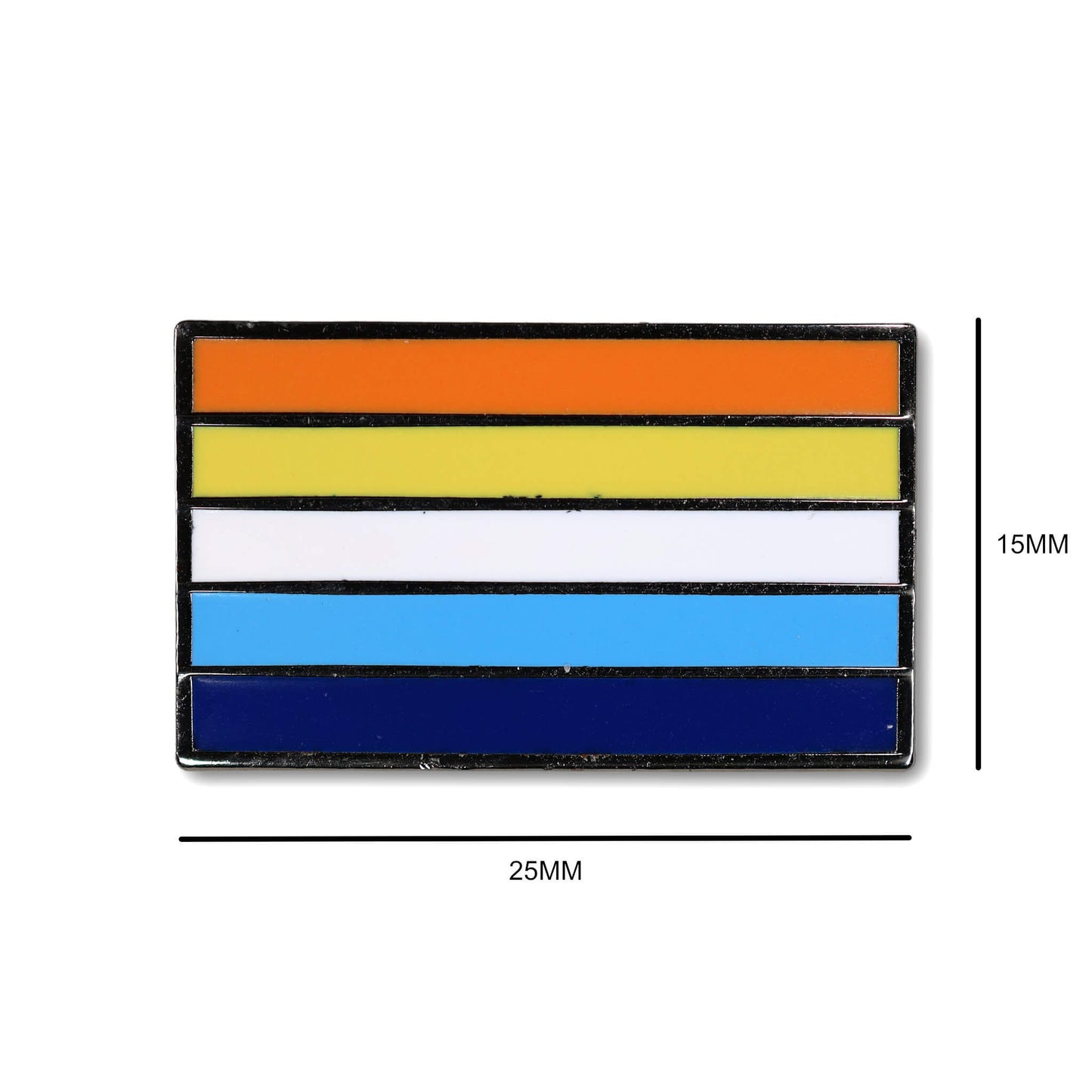 Colorful striped badge with measurements on a white background
