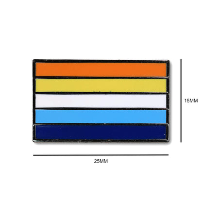 Colorful striped badge with measurements on a white background
