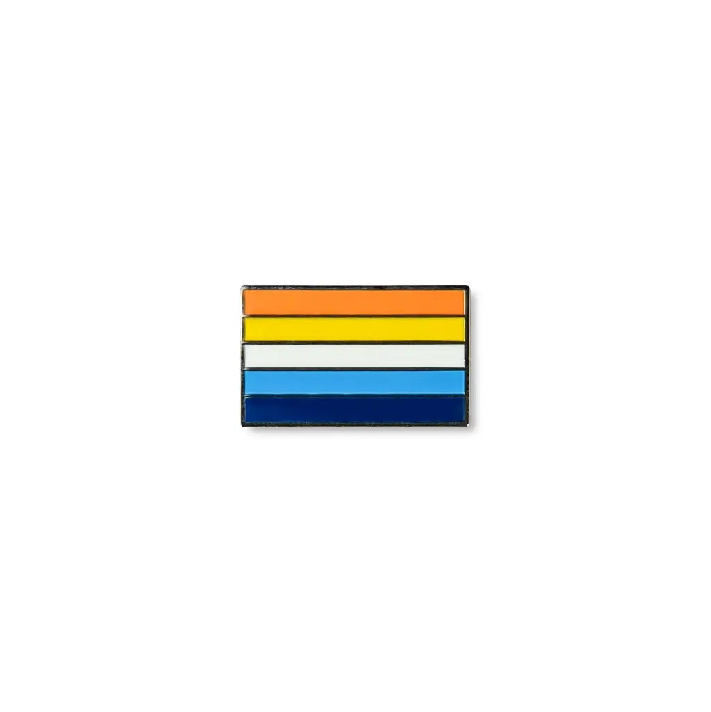 Colourful Aroace pride lapel pin with five horizontal stripes in orange, yellow, white, light blue, and navy blue.