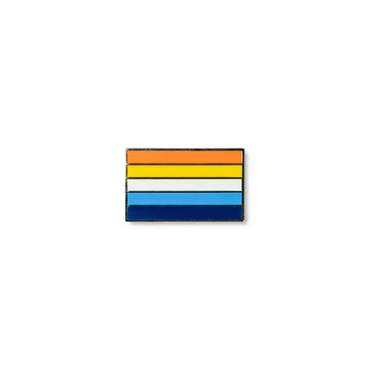 Colourful Aroace pride lapel pin with five horizontal stripes in orange, yellow, white, light blue, and navy blue.