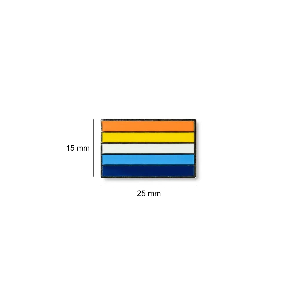 Aroace pride lapel pin in horizontal bands of blue, light blue, white, light pink, and magenta, measuring 25mm x 15mm with clean enamel finish.