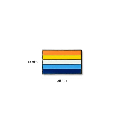 Aroace pride lapel pin in horizontal bands of blue, light blue, white, light pink, and magenta, measuring 25mm x 15mm with clean enamel finish.