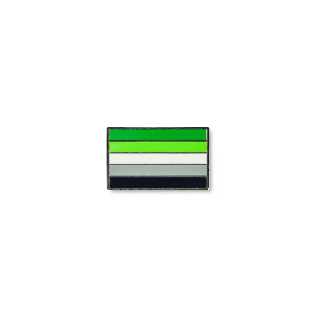 Bold aromantic pride lapel pin featuring five horizontal stripes in dark green, light green, white, gray, and black.