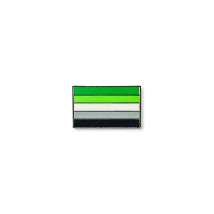 Bold aromantic pride lapel pin featuring five horizontal stripes in dark green, light green, white, gray, and black.