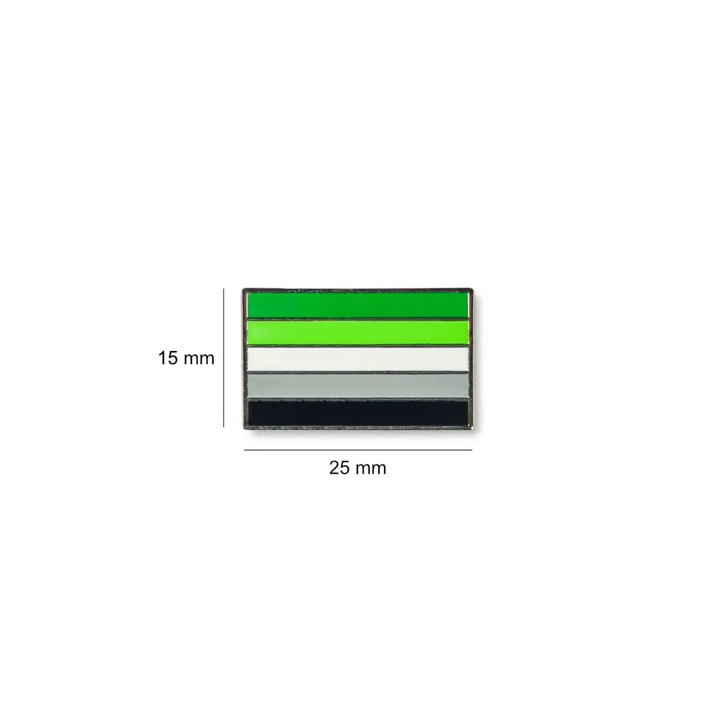 Aromantic flag lapel pin with horizontal green, light green, white, gray, and black stripes, sized at 25mm by 15mm.